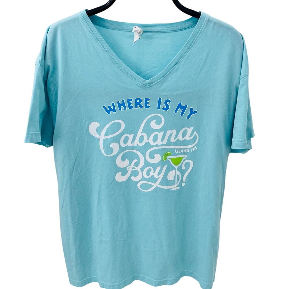 Island Jay Women’s 3XL “Where is My Cabana Boy?” V-Neck T-Shirt Blue Tropical
